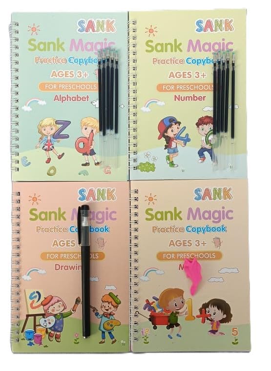 Sank Magic Book (4 BOOK+10 REFILL+1 pen+1 grip), Sank Magic Practice Copybook for Kids, Number Tracing Book for Preschoolers With Pen, Magic Calligraphy Copybook Set Reusable Writing Tool For Kids.