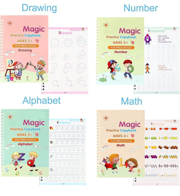 Sank Magic Book (4 BOOK+10 REFILL+1 pen+1 grip), Sank Magic Practice Copybook for Kids, Number Tracing Book for Preschoolers With Pen, Magic Calligraphy Copybook Set Reusable Writing Tool For Kids.